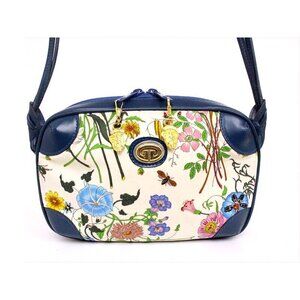 GUCCI Flora Flower Shoulder Bag Canvas Leather Blue Floral